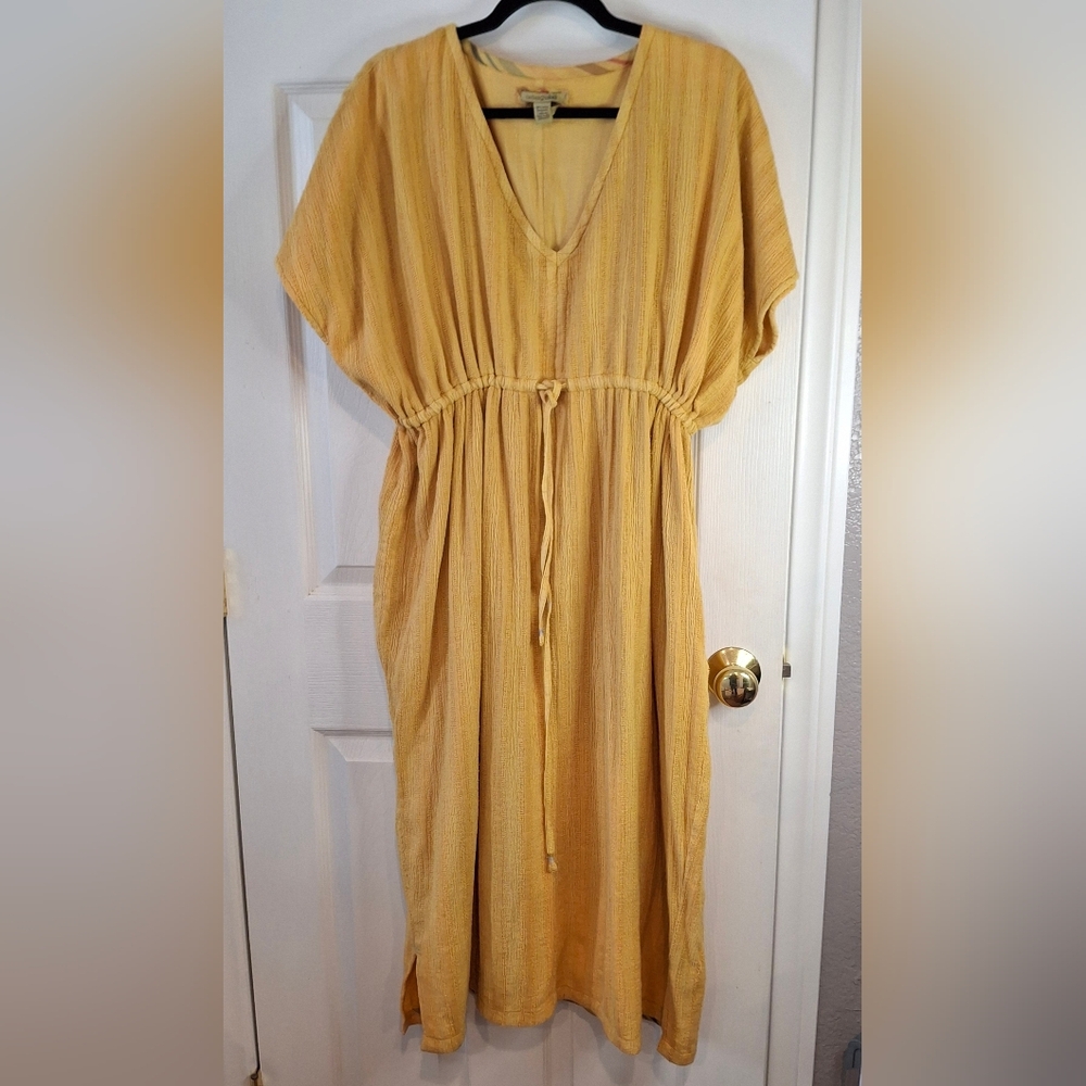 Carbon2Cobalt Mustard Yellow Kaftan 100% Cotton MIDI Dress Grecian Womens S